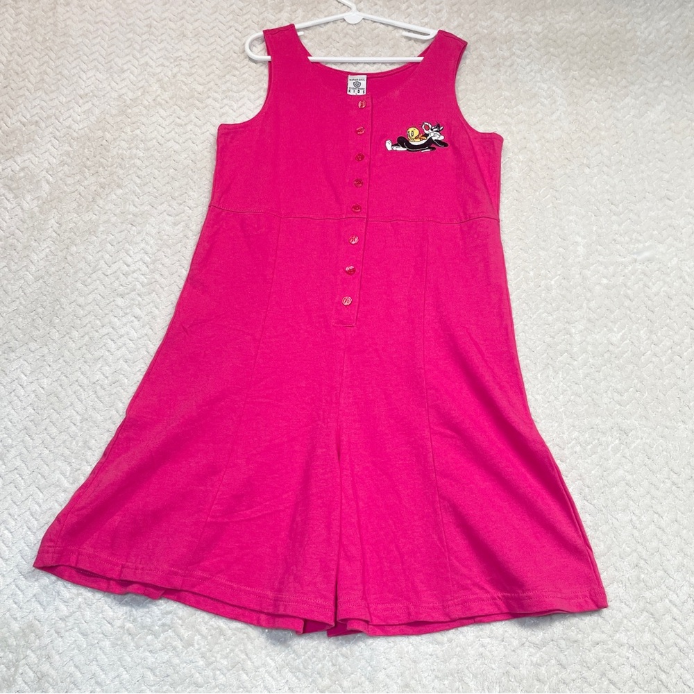 Warner Bros 1994 Looney Tunes Embroidered Pink Romper Girls Large 90s Kidcore - Picture 2 of 12